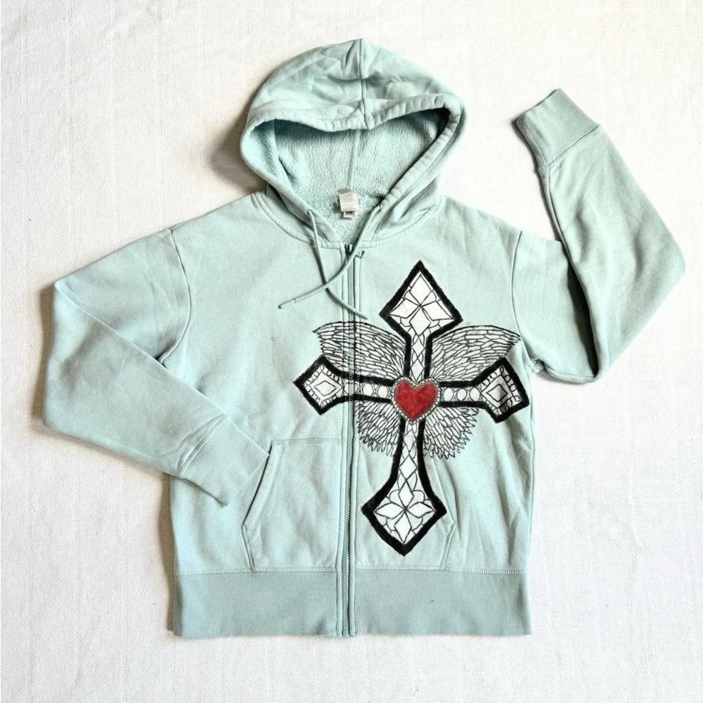 Light Blue Hoodie with Cross and Heart Design